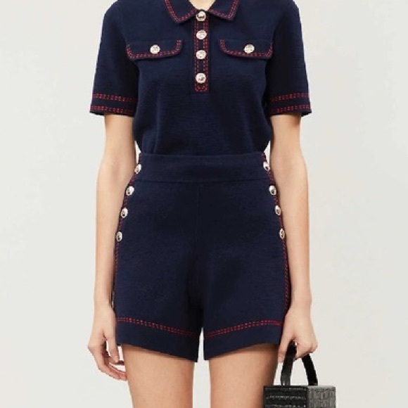 Maje Isla High-waist Side-button Knit Shorts Marine Blue - Picture 1 of 12